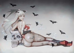 Rule 34 | 1girl, alternate costume, animal, animal print, ankle boots, ass, bare shoulders, bat (animal), bat print, boots, breasts, bridal gauntlets, commentary, full body, gradient background, head wings, high heel boots, high heels, highres, kumanz, leotard, lips, long hair, looking at viewer, looking back, medium breasts, morrigan aensland, pantyhose, print pantyhose, red leotard, shiny clothes, shiny skin, simple background, sitting, skin tight, skull, solo, thong leotard, vampire (game), wings