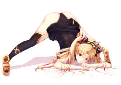 Rule 34 | 1girl, absurdres, arm rest, ass, black dress, black thighhighs, blonde hair, breasts, dress, earrings, ereshkigal (fate), fate/grand order, fate (series), flexible, gold trim, hair ribbon, hands on ground, high heels, highres, hoop earrings, jack-o&#039; challenge, jewelry, legs, long hair, looking at viewer, medium breasts, meme, parted bangs, red eyes, ribbon, short dress, single thighhigh, solo, spread legs, stretching, thighhighs, tiara, top-down bottom-up, two side up, wide spread legs, yuki haru