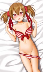 Rule 34 | 1girl, absurdres, abukobato, bed sheet, bikini, blush, brown hair, cowboy shot, hair between eyes, hands up, highres, legs together, looking at viewer, lying, medium hair, navel, nude, on back, on bed, parted lips, red bikini, red eyes, silica, solo, striped bikini, striped clothes, swimsuit, sword art online, thigh gap, twintails, untied bikini