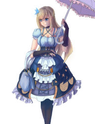 Rule 34 | 1girl, absurdres, auiner, blonde hair, blue eyes, breasts, chain, choker, cleavage, corset, dress, gauntlets, highres, lace-trim, lace-trimmed choker, lace trim, lexington (warship girls r), long hair, pantyhose, parasol, smile, solo, umbrella, warship girls r, white background