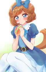 Rule 34 | 1girl, absurdres, animal ears, blue bow, blue bowtie, blue dress, blue eyes, blue hairband, blush, bob cut, bow, bowtie, brooch, brown hair, closed mouth, collared dress, delicious party precure, dog ears, dog girl, dog tail, dress, food, hair bow, hairband, highres, holding, holding food, jewelry, light frown, looking at viewer, medium dress, pam-pam (precure), pam-pam (precure) (human), pantyhose, precure, puffy short sleeves, puffy sleeves, sandwich, short hair, short sleeves, solo, squatting, sugimura mickey, tail, white pantyhose