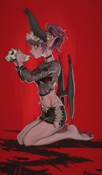 Rule 34 | 1girl, barefoot, black choker, black sclera, black shorts, borrowed character, choker, colored sclera, demon girl, demon wings, drinking, from side, green eyes, head wreath, highres, horns, kneeling, looking at viewer, looking to the side, low wings, micro shorts, mossacannibalis, navel, original, parted lips, pointy ears, ponytail, purple hair, red background, shorts, side-tie shorts, simple background, skull, skull cup, solo, wings