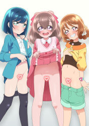 Rule 34 | 3girls, :d, black pantyhose, blue eyes, blue hair, blue jacket, bow, bowtie, brow eyes, brown hair, brown shirt, censored, closed mouth, clothes pull, commission, delicious party precure, dress, fuwa kokone, green shorts, grin, hair rings, hanamichi ran, heart, heart censor, highres, jacket, lifting own clothes, long hair, long sleeves, multiple girls, nagomi yui, open mouth, pantyhose, pantyhose pull, pink dress, precure, purple eyes, shirt, short hair, shorts, shorts pull, skeb commission, smile, standing, tiler (tiler00), watch, white bow, white bowtie, white shirt, yellow shirt