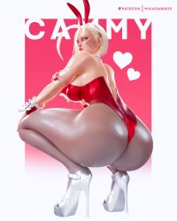 Rule 34 | 3d, absurdres, artist name, ass, ass focus, back, blonode hair, breasts, cammy white, character name, curvy, from behind, full body, high heels, highleg, highleg leotard, highres, huge ass, large breasts, leotard, looking at viewer, looking back, mikadawn3d, patreon username, playboy bunny, rabbit ears, red leotard, scar, shiny skin, squatting, street fighter, tagme, thick thighs, thighs, wide hips