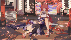 Rule 34 | 2girls, absurdres, animal ears, bare shoulders, braid, breasts, bridal gauntlets, cherry blossoms, coattails, detached sleeves, flower, fox ears, genshin impact, hair between eyes, hair ornament, highres, holding hands, interlocked fingers, japanese clothes, kimono, large breasts, long hair, long sleeves, looking at viewer, lying, lying on person, miko, ming chen, mitsudomoe (shape), mole, mole under eye, multiple girls, nail polish, obiage, obijime, on side, open mouth, pink hair, purple eyes, purple flower, purple hair, purple nails, raiden shogun, sash, smile, tassel, thighhighs, toeless footwear, tomoe (symbol), wide sleeves, yae miko, yuri