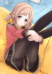 Rule 34 | 1girl, black pantyhose, blush, brown eyes, brown hair, brown shorts, closed mouth, commentary request, couch, culottes, eluthel, feet out of frame, highres, hugging own legs, idolmaster, idolmaster shiny colors, indoors, legs up, long sleeves, looking at viewer, low twintails, on couch, panties, panties under pantyhose, pantyhose, pink shirt, plaid, plaid shorts, puffy long sleeves, puffy sleeves, sakuragi mano, shirt, short shorts, shorts, smile, solo, thighband pantyhose, twintails, underwear, upshorts, white panties