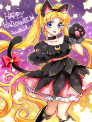 Rule 34 | 1girl, :p, alternate costume, animal ears, animal hands, artist name, bishoujo senshi sailor moon, black dress, black footwear, black neckwear, blonde hair, bloomers, blue eyes, boots, bow, cat ears, cat tail, choker, crescent, crescent earrings, cropped legs, double bun, dress, earrings, fake animal ears, gloves, gradient background, hair bun, halloween, happy halloween, jewelry, knee boots, layered dress, long hair, looking at viewer, parted bangs, paw gloves, pink skirt, purple background, red bow, shirataki kaiseki, skirt, smile, solo, star (symbol), tail, tail bow, tail ornament, tongue, tongue out, tsukino usagi, twintails, underwear, white bloomers, yellow background