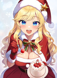 Rule 34 | 1girl, alternate costume, belt buckle, blonde hair, blue eyes, blush, breasts, buckle, cake, capelet, cleavage, dress, food, fork, fur-trimmed capelet, fur-trimmed dress, fur-trimmed headwear, fur trim, hat, holding, holding fork, holding saucer, idolmaster, idolmaster cinderella girls, incoming food, long hair, looking at viewer, medium breasts, ohtsuki yui, red capelet, red dress, red hat, sakura ran, santa costume, saucer, sidelocks, smile, snowflake background, solo, strawberry cake, very long hair