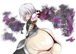 Rule 34 | 1girl, absurdres, artist request, ass, belt, black gloves, black hair, black panties, black thighhighs, breasts, butt crack, fate/apocrypha, fate/grand order, fate (series), flat chest, from below, gloves, hair between eyes, highres, huge ass, jack the ripper (fate/apocrypha), open mouth, panties, scar, scar across eye, scar on face, short hair, sleeveless, solo, tattoo, thighhighs, underwear, upskirt, white hair, yellow eyes