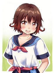 Rule 34 | 1girl, :d, alternate costume, arms behind back, blue skirt, blush, border, breasts, brown eyes, brown hair, collarbone, gradient hair, green background, highres, kantai collection, looking at viewer, multicolored hair, mutsuki (kancolle), neckerchief, open mouth, red neckerchief, sailor collar, sailor shirt, sash, shirt, short hair, short sleeves, skirt, small breasts, smile, solo, tsukemon, upper body, white border, white shirt