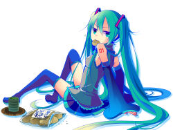 Rule 34 | 1girl, arm support, bad id, bad pixiv id, boots, detached sleeves, eating, female focus, food, full body, green eyes, green hair, hatsune miku, highres, long hair, matching hair/eyes, mouth hold, sitting, skirt, solo, tea, temari (deae), thigh boots, thighhighs, twintails, very long hair, vocaloid, white background