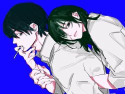 Rule 34 | 1boy, 1girl, bandage over one eye, black hair, blue background, chainsaw man, cigarette, hair down, hayakawa aki, highres, himeno (chainsaw man), holding, holding cigarette, leaning on person, looking at viewer, pecopecosupipi, shirt, short hair, sideways glance, simple background, smoking, white shirt