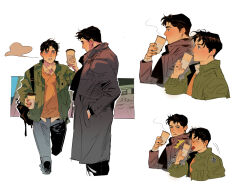 Rule 34 | 2boys, backpack, bag, batman (series), black coat, black hair, black pants, blue eyes, blush, bruce wayne, closed eyes, coat, cup, dc comics, disposable cup, drinkdrink, drinking, father and son, green jacket, hand in pocket, highres, holding, holding cup, jacket, looking at another, male focus, multiple boys, open clothes, open jacket, orange shirt, pants, shirt, short hair, tim drake, tongue, tongue out