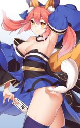 Rule 34 | 10s, 1girl, absurdres, animal ear fluff, animal ears, armpits, bare shoulders, blue background, blue bow, blue kimono, bow, breasts, brown eyes, cleavage, closed mouth, commentary request, detached sleeves, fang, fang out, fate/extra, fate (series), fox ears, fox girl, fox tail, gradient background, hair between eyes, hair bow, has bad revision, has downscaled revision, highres, holding, japanese clothes, kimono, long hair, long sleeves, md5 mismatch, medium breasts, obi, ofuda, pelvic curtain, pink hair, ray-akila, resolution mismatch, sash, simple background, smile, solo, source smaller, strapless, tail, tamamo (fate), tamamo no mae (fate/extra), twintails, v-shaped eyebrows, white background, wide sleeves