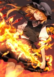Rule 34 | 1girl, alternate color, alternate hair color, black ribbon, black skirt, black vest, blouse, breasts, brown background, collared shirt, commentary request, crystal, eyes visible through hair, fire, flandre scarlet, fuuga (perv rsity), gradient background, grey hat, hair between eyes, hat, hat ribbon, highres, jewelry, laevatein (touhou), looking at viewer, mob cap, one side up, open mouth, orange hair, polearm, puffy short sleeves, puffy sleeves, red background, red eyes, ribbon, shirt, short sleeves, skirt, small breasts, smile, solo, spear, standing, touhou, vest, weapon, white shirt, wings