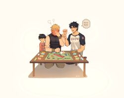 Rule 34 | 3boys, puff of air, aged down, arm hug, blonde hair, blue eyes, blue hair, blush, board game, bracelet, covering face, dice, dio brando, embarrassed, english text, fake money, family, father and son, full-face blush, giorno giovanna, haruno shiobana, highres, jewelry, jojo no kimyou na bouken, jonathan joestar, male focus, monopoly, multiple boys, muscular, muscular male, playing games, shirt, short hair, sitting, speech bubble, sweat, table, the mortal coil