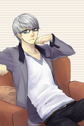 Rule 34 | 1boy, atlus, belt, couch, formal, glasses, grey eyes, grey hair, hand on own face, jacket, long sleeves, looking at viewer, male focus, narukami yuu, pants, persona, persona 4, short hair, sitting, smile, solo, umechiui, v-neck