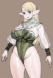 Rule 34 | 1girl, alternate costume, breasts, elf-san wa yaserarenai., erufuda-san, green leotard, highres, large breasts, leotard, long hair, midriff, pointy ears, simple background, sketch, solo, synecdoche, thick thighs, thighs