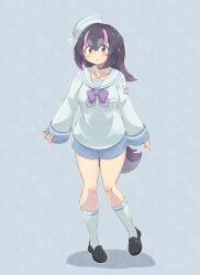 Rule 34 | 1girl, black hair, blue background, bow, bowtie, cherushi 2, dress, full body, hat, highres, humboldt penguin (kemono friends), kemono friends, long hair, looking at viewer, multicolored hair, penguin girl, penguin tail, purple hair, sailor collar, sailor dress, shoes, shorts, simple background, socks, solo, tail, two-tone hair, yellow eyes