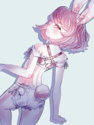Rule 34 | 1girl, animal ears, warrior of light (ff14), bare shoulders, closed mouth, dutch angle, final fantasy, final fantasy xiv, hyuu (sing-dog), lace-trimmed shorts, lace trim, looking at viewer, orange eyes, pantylines, pink hair, rabbit ears, rabbit girl, rabbit tail, ribbon, short hair, short shorts, shorts, silhouette, simple background, solo, tail, viera, white background, white ribbon, white shorts