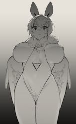 Rule 34 | bow, breasts, breasts out, center opening, feathered wings, gradient background, greyscale, hair bow, harpy, highleg, highleg leotard, highres, large bow, large breasts, leotard, missgestalt, monochrome, monster girl, neck ruff, nipples, original, parted lips, short hair, winged arms, wings