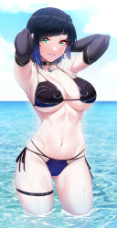 Rule 34 | 1girl, akchu, arms up, bikini, bob cut, breasts, choker, cleavage, colored tips, diagonal bangs, dice, elbow gloves, genshin impact, gloves, green eyes, highres, large breasts, mole, mole on breast, multicolored bikini, multicolored clothes, multicolored hair, partially submerged, side-tie bikini bottom, swimsuit, thigh strap, wading, water, yelan (genshin impact)