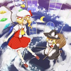 Rule 34 | 2girls, any (artist), any (lucky denver mint), apron, blonde hair, bobby socks, braid, broom, broom riding, female focus, flandre scarlet, flying, from above, hat, kirisame marisa, multiple girls, open mouth, ponytail, red eyes, short hair, side braid, side ponytail, smile, socks, touhou, waist apron, wings, witch, witch hat, yellow eyes