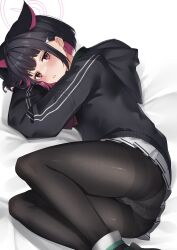 Rule 34 | 1girl, absurdres, animal ears, ass, bed sheet, black hair, black hoodie, black pantyhose, blue archive, blush, cat ears, colored inner hair, e buki, extra ears, feet out of frame, grey skirt, hair ornament, hairclip, halo, highres, hood, hoodie, kazusa (blue archive), long sleeves, looking at viewer, lying, miniskirt, multicolored hair, on side, panties, panties under pantyhose, pantyhose, parted lips, pink eyes, short hair, skirt, solo, thighband pantyhose, thighs, underwear