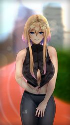 Rule 34 | + +, 1girl, absurdres, armpit crease, azur lane, bare shoulders, black pants, black sports bra, blonde hair, blue eyes, blurry, blurry background, blush, breasts, building, cleavage, clothes pull, clothing cutout, commentary request, cowboy shot, glint, gyaru, hair between eyes, hair ornament, hairclip, hand on own thigh, hand on thigh, highres, huge filesize, large breasts, lens flare, looking at viewer, marblehead (azur lane), marblehead (boxing girl!) (azur lane), meron-souda shibori-tate, midriff, multicolored hair, pants, parted lips, pink hair, short hair with long locks, sidelocks, sleeveless, smile, solo, sports bra, sports bra pull, standing, sweat, symbol-shaped pupils, track and field, track pants, two-tone hair, underboob, underboob cutout