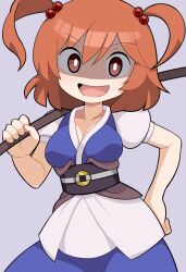 Rule 34 | 1girl, black sash, blue vest, breasts, bright pupils, brown sash, cleavage, coin, coin on string, commentary request, cookie (touhou), cowboy shot, grey background, hair between eyes, hospital king, large breasts, looking at viewer, medium bangs, medium hair, obi, onozuka komachi, open mouth, puffy short sleeves, puffy sleeves, red eyes, red hair, sash, shaded face, shirt, shishou (cookie), short sleeves, simple background, smile, touhou, two side up, vest, white pupils, white shirt