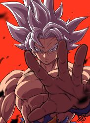 Rule 34 | 1boy, abs, arm at side, ashes, black outline, blurry, closed mouth, depth of field, dragon ball, dragon ball super, dragonball z, frown, grey eyes, highres, liedein, looking at viewer, male focus, messy hair, muscular, muscular male, orange background, outline, outstretched hand, pants, parted bangs, pectorals, reaching, reaching towards viewer, serious, signature, simple background, son goku, spiked hair, topless male, torn clothes, torn pants, ultra instinct, upper body, white hair