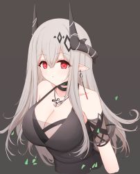 Rule 34 | 1girl, :&lt;, arknights, black shirt, blouse, breasts, cleavage, cropped arms, cropped torso, demon horns, ear piercing, grey background, grey hair, hair between eyes, highres, horns, infection monitor (arknights), jewelry, large breasts, light blush, long hair, mudrock (arknights), mudrock (obsidian) (arknights), necklace, official alternate costume, piercing, pointy ears, red eyes, risshu, shirt, simple background, solo, spaghetti strap, upper body