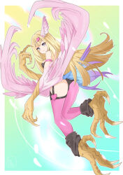 1girl ass asymmetrical_legwear blonde_hair blue_eyes claws duel_monster feathered_wings from_behind full_body half-harpy harpie_girl_(yu-gi-oh!) highres long_hair looking_at_viewer mochi_curry smile solo talons very_long_hair winged_arms wings yu-gi-oh!