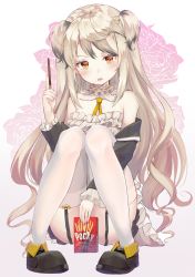 Rule 34 | 1girl, absurdres, between legs, black footwear, blush, brown background, brown eyes, brown hair, commentary request, desert eagle (girls&#039; frontline), dress, english text, fingernails, floral background, flower, food, full body, garter straps, girls&#039; frontline, gradient background, hand between legs, hand up, highres, holding, holding flower, hyonee, knees up, long hair, long sleeves, looking at viewer, nail polish, open mouth, pigeon-toed, pink nails, pocky, shoes, sitting, solo, strapless, strapless dress, thighhighs, two side up, v-shaped eyebrows, very long hair, white background, white dress, white thighhighs