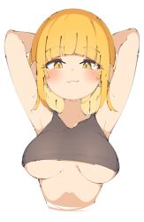 Rule 34 | 1girl, armpits, arms behind head, arms up, black tank top, blonde hair, blunt bangs, blush, boku no hero academia, breasts, closed mouth, crop top, cropped torso, highres, large breasts, looking at viewer, medium hair, rasusurasu, simple background, sketch, smile, solo, tank top, toga himiko, underboob, upper body, white background, yellow eyes