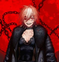 Rule 34 | 1girl, backlighting, black coat, black survival, blonde hair, blood, blood in hair, blood on clothes, blood on face, chain, coat, collarbone, cropped, dgk, fangs, fur-trimmed coat, fur trim, hair between eyes, highres, medium hair, moon, open clothes, open coat, open mouth, red eyes, red moon, scar, scar on face, scar on nose, smile, solo, teeth, upper body, zipper, zipper pull tab