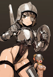 Rule 34 | 2girls, abs, armor, bare hips, belt, bikini, bikini armor, breastplate, breasts, brown eyes, brown hair, cameltoe, cape, cleft of venus, closed eyes, covered face, cowboy shot, cuirass, cuisses, dagger, eyepatch, female knight, female pubic hair, gauntlets, helmet, highleg, highleg leotard, highres, holding, holding shield, holding sword, holding weapon, knife, knight, large breasts, leotard, multiple girls, muscular, muscular female, nisetanaka, no panties, open mouth, orange hair, pauldrons, ponytail, pubic hair, rerebrace, revealing clothes, sheath, shield, short hair, shoulder armor, smile, standing, swimsuit, sword, the elder scrolls, the elder scrolls v: skyrim, thigh strap, vambraces, weapon, white bikini, yellow cape