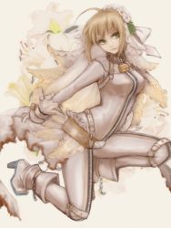 Rule 34 | 10s, 1girl, ahoge, bad id, bad pixiv id, belt, blonde hair, boots, bridal veil, buckle, chain, fate/extra, fate/extra ccc, fate (series), gloves, green eyes, highres, lock, nero claudius (bride) (fate), nero claudius (fate), nero claudius (fate) (all), padlock, ririko deluxe, solo, veil, zipper