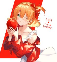 Rule 34 | 1girl, 2021, ;3, apple, blonde hair, bow, brown hair, character name, closed mouth, collar, collarbone, dress, food, freyja wion, fruit, green eyes, hair bow, hair ornament, heart, heart hair ornament, hnhr 69, holding, holding food, holding fruit, jacket, long hair, long sleeves, macross, macross delta, multicolored hair, off shoulder, one eye closed, one side up, open clothes, open jacket, red background, red bow, red jacket, sleeveless, sleeveless dress, smile, solo, sundress, two-tone background, two-tone hair, white background, white dress