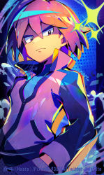 Rule 34 | 1boy, closed mouth, commentary request, creatures (company), frown, game freak, hand in pocket, highres, jacket, long sleeves, looking down, male focus, naoto (yandereheaven), nintendo, paul (pokemon), pixiv id, pokemon, pokemon (anime), pokemon dppt (anime), purple hair, shirt, short hair, signature, solo, sparkle