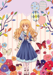 Rule 34 | 1girl, alternate costume, balloon, blonde hair, blue dress, blue flower, blush, braid, brown butterfly, brown eyes, bug, butterfly, closed mouth, dress, fashion, floral print, flower, full body, holding, holding balloon, insect, kirisame marisa, lace, lace-trimmed dress, lace trim, layered sleeves, lolita fashion, long hair, long sleeves, looking at viewer, no headwear, orange flower, pantyhose, pink flower, pink pantyhose, print pantyhose, print shirt, purple butterfly, purple flower, red butterfly, red flower, shirt, shoes, short over long sleeves, short sleeves, single braid, siva, smile, solo, standing, striped, striped background, sweet lolita, touhou, vertical stripes, yellow flower