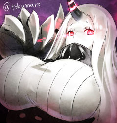 Rule 34 | 10s, 1girl, abyssal ship, breasts, claws, colored skin, dress, glowing, glowing eyes, horns, huge breasts, kantai collection, long hair, looking at viewer, pale skin, red eyes, ribbed dress, seaport princess, single horn, solo, tokumaro, twitter username, upper body, white hair, white skin