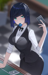 Rule 34 | 1girl, absurdres, alternate costume, black bow, black bowtie, black hair, black skirt, black vest, blue hair, blunt bangs, blurry, blurry background, bow, bowtie, breasts, card, collared shirt, condom, condom in mouth, condom wrapper, cowboy shot, depth of field, diagonal bangs, genshin impact, gradient hair, green eyes, highres, holding, holding card, large breasts, leaning forward, long sleeves, looking at viewer, mouth hold, multicolored hair, playing card, shirt, short hair, skirt, solo, sye-, vest, white shirt, yelan (genshin impact)