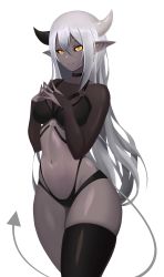 Rule 34 | 1girl, absurdres, black bra, black choker, black horns, black panties, black sclera, black thighhighs, bra, breasts, bridal gauntlets, choker, closed mouth, colored sclera, colored skin, commentary, cowboy shot, demon girl, demon horns, demon tail, english commentary, grey hair, grey horns, grey skin, grey tail, hair between eyes, highres, horns, long hair, looking at viewer, medium breasts, meowrim, multicolored horns, navel, original, panties, pointy ears, sidelocks, simple background, single thighhigh, smile, solo, steepled fingers, tail, thighhighs, underwear, white background, yellow eyes