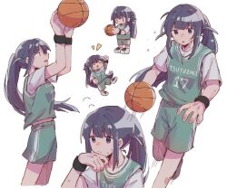 Rule 34 | 1girl, :d, alternate hairstyle, arm up, arms up, ball, basketball, basketball (object), basketball jersey, basketball uniform, black eyes, black hair, blunt bangs, blush, character name, chibi, chinese commentary, closed eyes, closed mouth, commentary request, cowboy shot, cropped legs, dribbling (basketball), flying sweatdrops, foot out of frame, from side, full body, green shorts, hand on own chin, hand up, holding, holding ball, leg up, long hair, looking ahead, looking at object, looking at viewer, looking up, midriff peek, motion lines, multiple views, navel, no mouth, nose blush, open mouth, outstretched arm, parted lips, playing sports, ponytail, rei931218, shirt, shoes, short sleeves, shorts, shoujo kageki revue starlight, simple background, smile, sneakers, speed lines, sportswear, standing, standing on one leg, sweat, sweatband, tsuyuzaki mahiru, two side up, upper body, very long hair, white background, white footwear, white shirt, wiping face, wiping sweat, wristband, | |