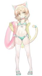 Rule 34 | 1girl, animal ears, aqua hair, bikini, blonde hair, blush, breasts, cat ears, cat girl, cat tail, full body, green bikini, holding, holding swim ring, innertube, jacket, low twintails, mole, mole under eye, multicolored hair, open clothes, open jacket, original, parted lips, sandals, short twintails, simple background, skindentation, small breasts, solo, standing, sweat, swim ring, swimsuit, tail, thighhighs, twintails, white background, white thighhighs, yellow jacket, youguo naberu