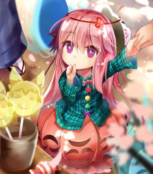 Rule 34 | 1girl, bubble skirt, candy, child, efe, food, fox mask, holding hands, hata no kokoro, lollipop, long hair, long sleeves, mask, mouth mask, new mask of hope, pink hair, purple eyes, shirt, skirt, solo focus, thumb sucking, touhou, very long hair, wide sleeves, aged down