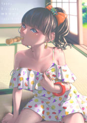 Rule 34 | blue eyes, brown hair, commentary request, earrings, highres, japanese house, jewelry, mo (quemo5124), ponytail, real life, spaghetti strap, tamura yukari, voice actor