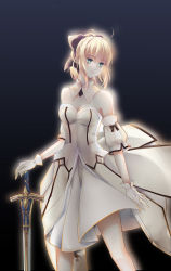 Rule 34 | 1girl, absurdres, ahoge, artoria pendragon (all), artoria pendragon (fate), bare shoulders, black ribbon, bow, breasts, caliburn (fate), cleavage, detached collar, detached sleeves, fate/unlimited codes, fate (series), gloves, gradient background, green eyes, hair ribbon, highres, light frown, looking away, medium breasts, ponytail, ribbon, saber (fate), saber lily, solo, strapless, white gloves