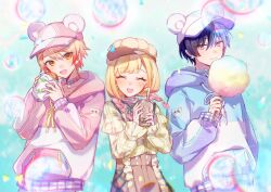 Rule 34 | 1girl, 2boys, animal ears, aoyagi touya, baseball cap, bear ears, blonde hair, blue hair, blush, brother and sister, brown skirt, bubble tea, cabbie hat, choker, closed eyes, closed mouth, cotton candy, cup, grey eyes, hat, highres, holding, holding cup, hood, hood down, hoodie, long sleeves, low twintails, multicolored hair, multiple boys, open mouth, otorrio, pink hair, pink headwear, pink hoodie, project sekai, shirt, siblings, skirt, smile, split-color hair, tenma saki, tenma tsukasa, twintails, white choker, white headwear, white hoodie, yellow shirt